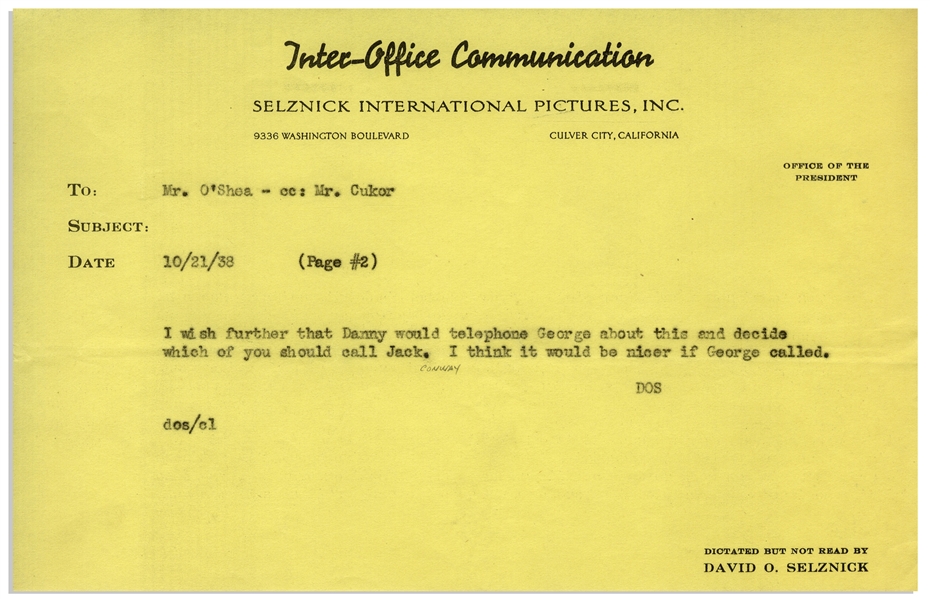 ''Gone With the Wind'' Memo From David O. Selznick to Director George Cukor